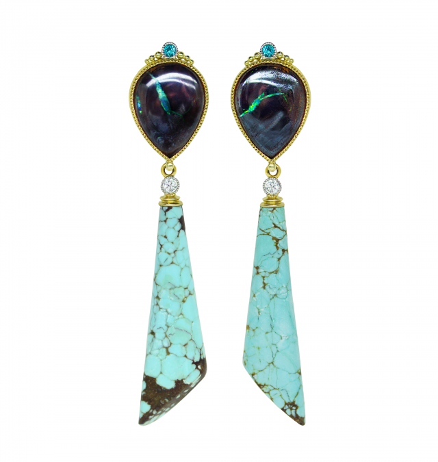 Gold Opal and Turquoise Earrings